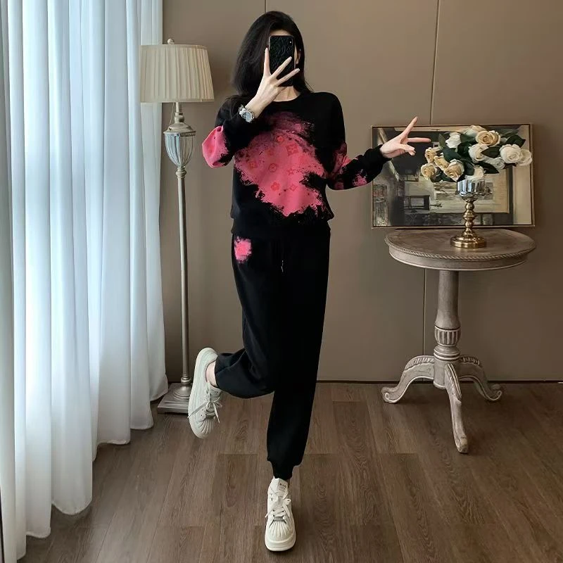 休闲运动时尚套装女2025秋冬季纯棉保暖加绒加厚印花卫衣两件套潮