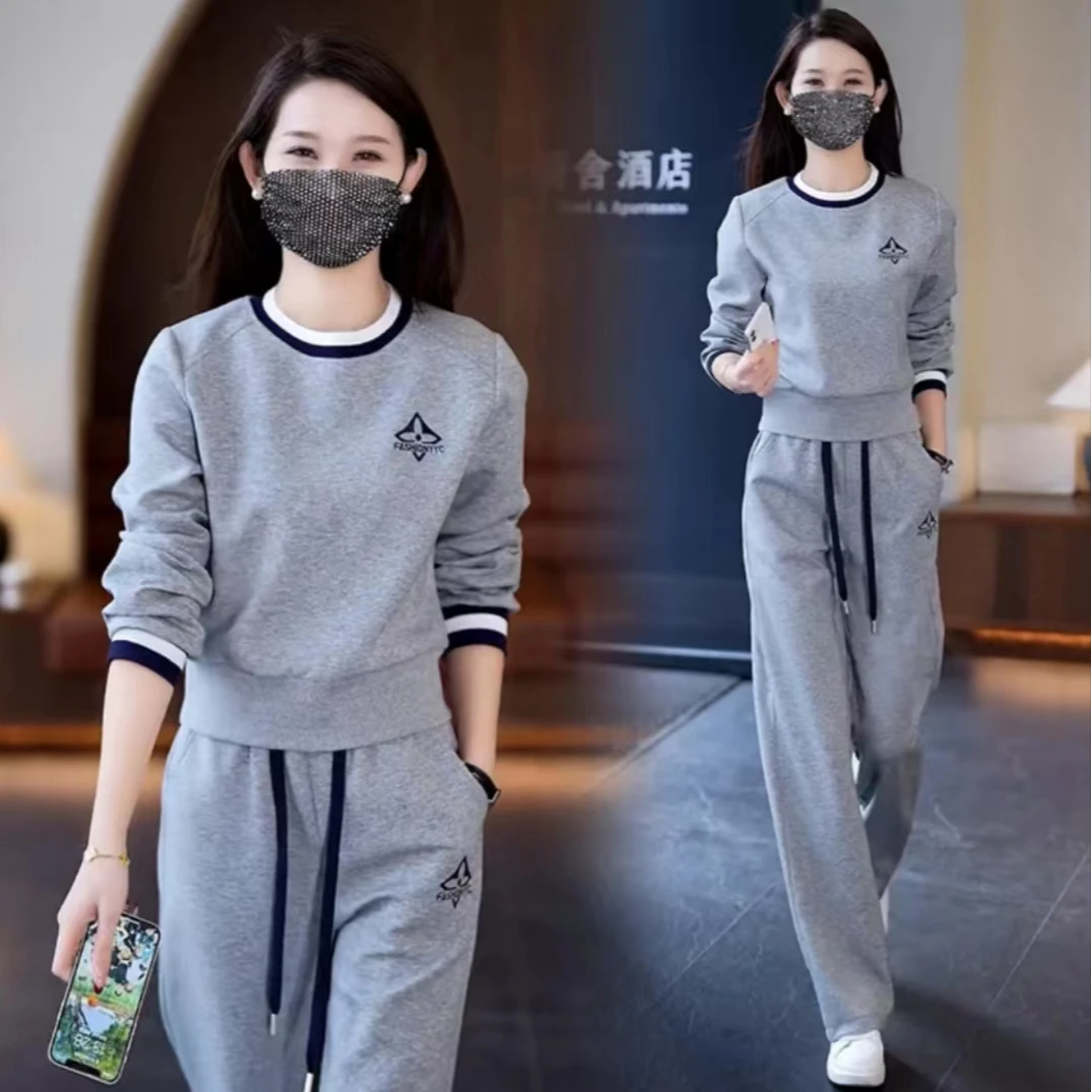 纯棉休闲时尚运动套装女2025春秋季新款韩版圆领卫衣风时尚两件套