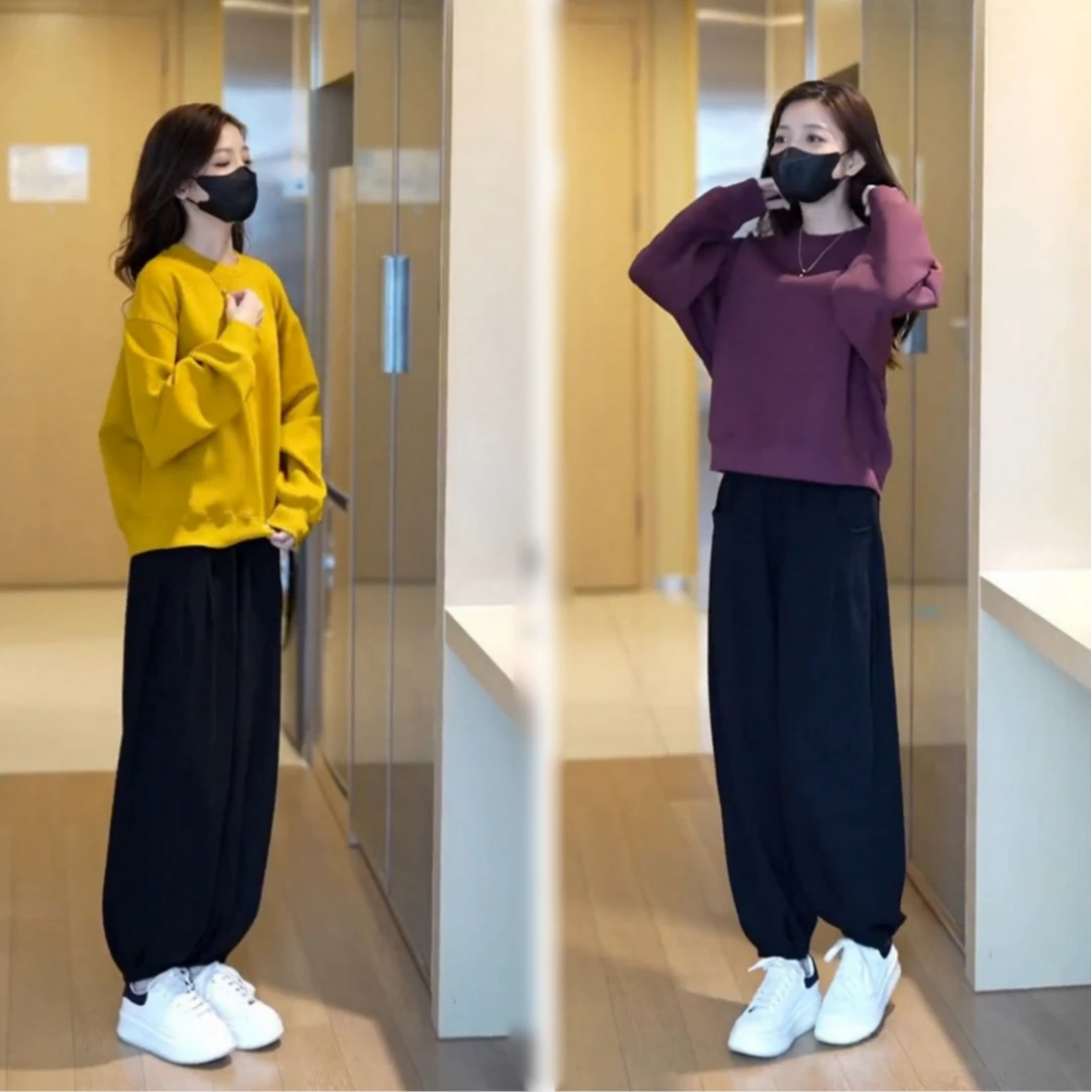 纯棉休闲风运动套装女2025春秋季新款韩版圆领宽松卫衣时尚两件套
