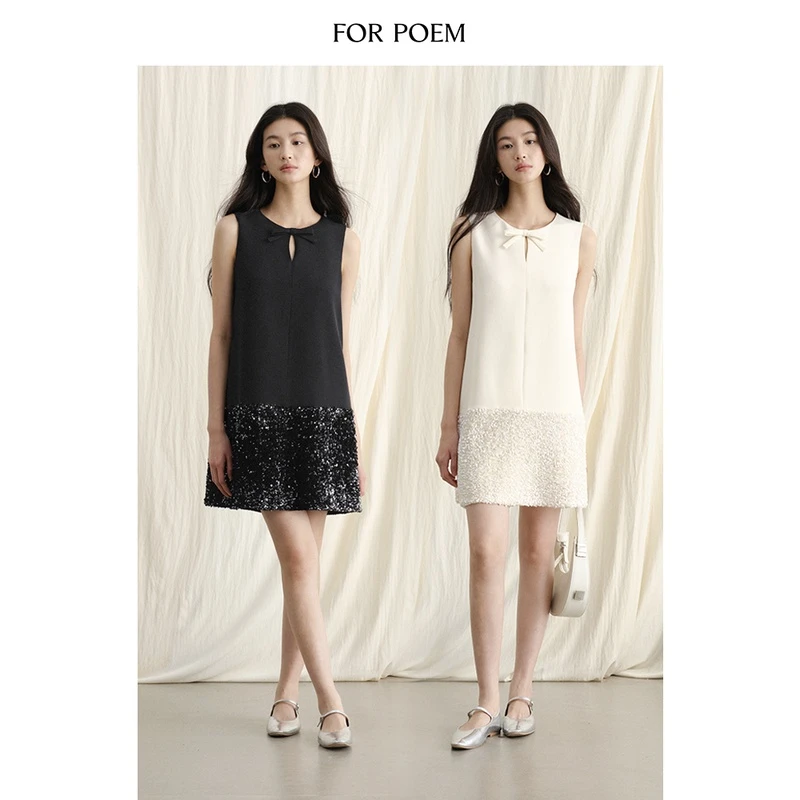 ForPoem 原创醋酸手工蝴蝶结亮片丝绒气质优雅小香风无袖连衣裙女