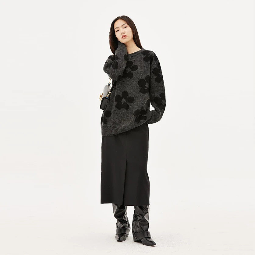 ForPoem22/FW羊毛花朵毛衣女初秋设计感小众圆领宽松高端针织上衣