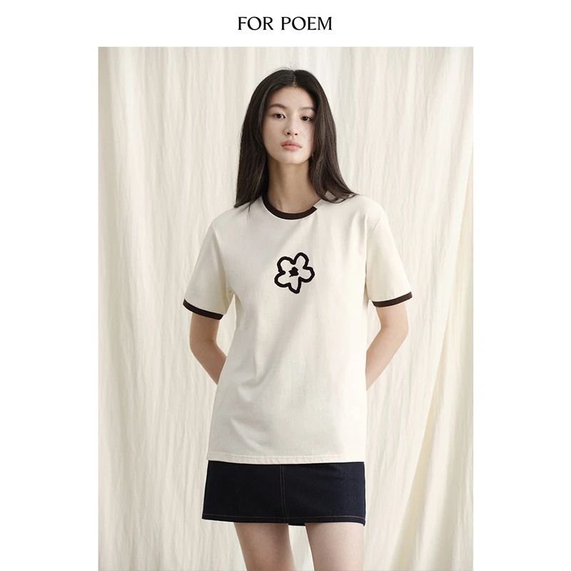 ForPoem 24/SS 原创设计夏季百搭宽松撞色领口植绒花朵短袖T恤