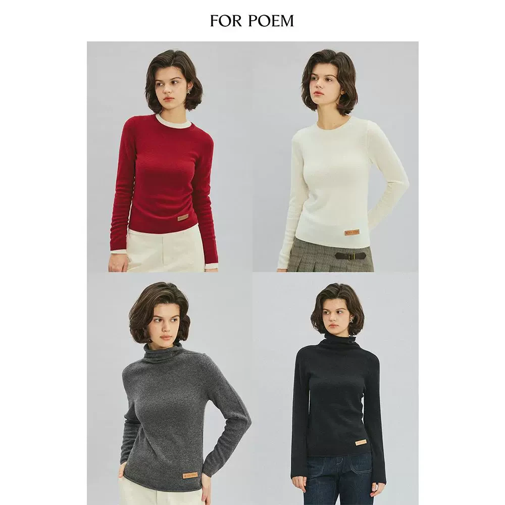 ForPoem 24/FW 原创设计皮牌装饰圆领高领羊绒羊毛针织打底衫上衣