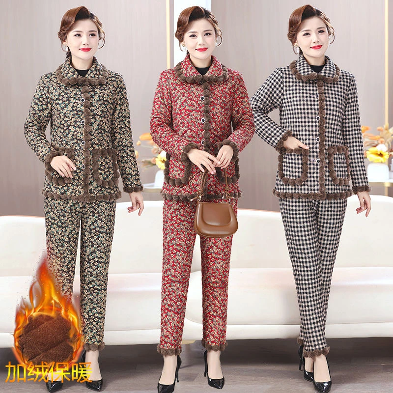 冬季新款加绒加厚棉衣套装时尚百搭外穿妈妈装保暖显瘦遮肉