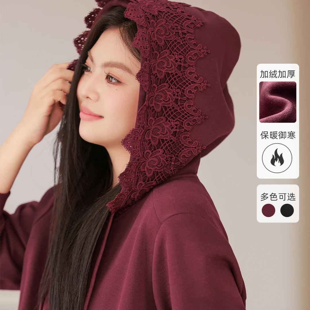 【银狐绒花边连帽卫衣】MsShe大码女装2025新春显瘦上衣A~E2411051