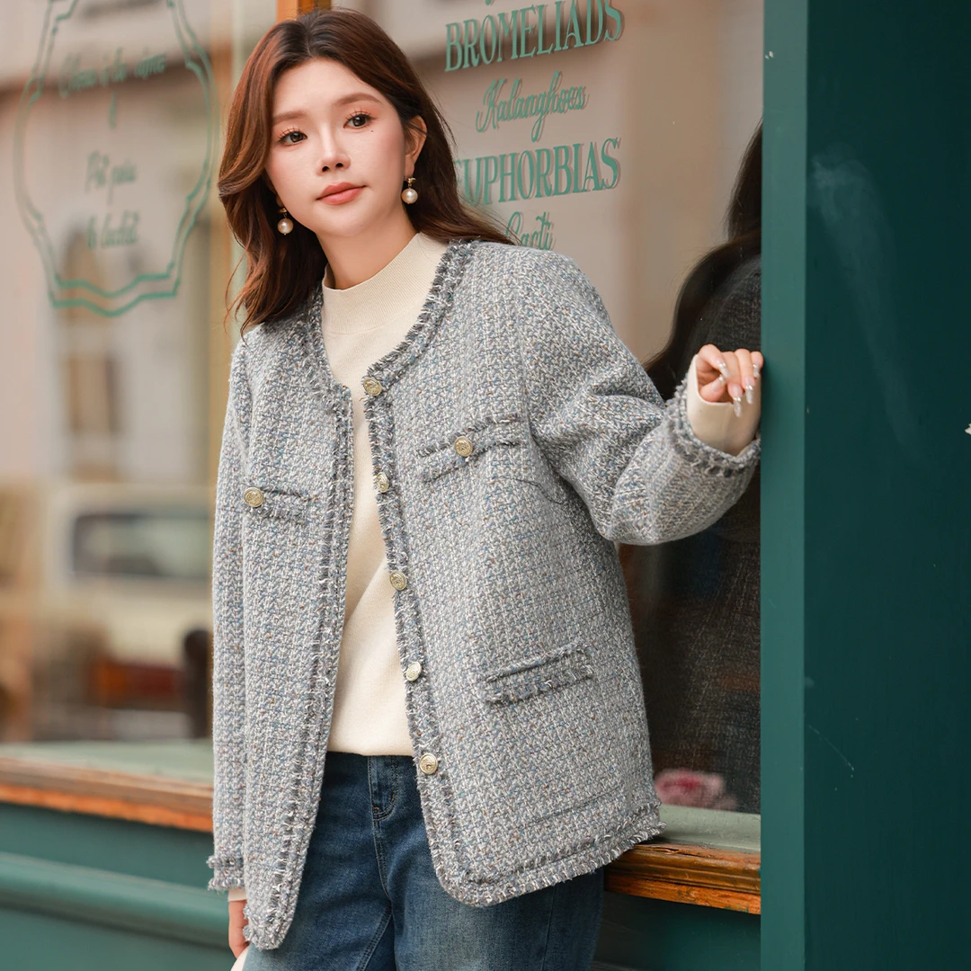 【夹棉小香风粗花呢】MsShe大码女装冬拉毛流苏时尚外套A~Q2411023