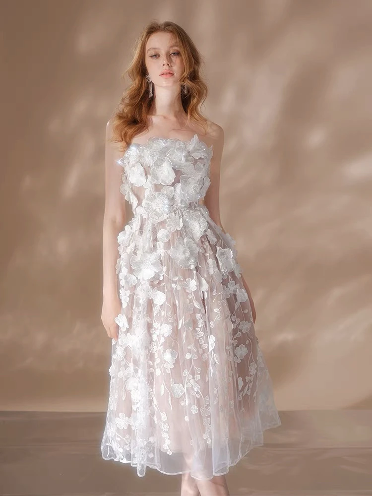 重工晨袍礼服白色立体花朵生日订婚连衣裙网纱刺绣布料