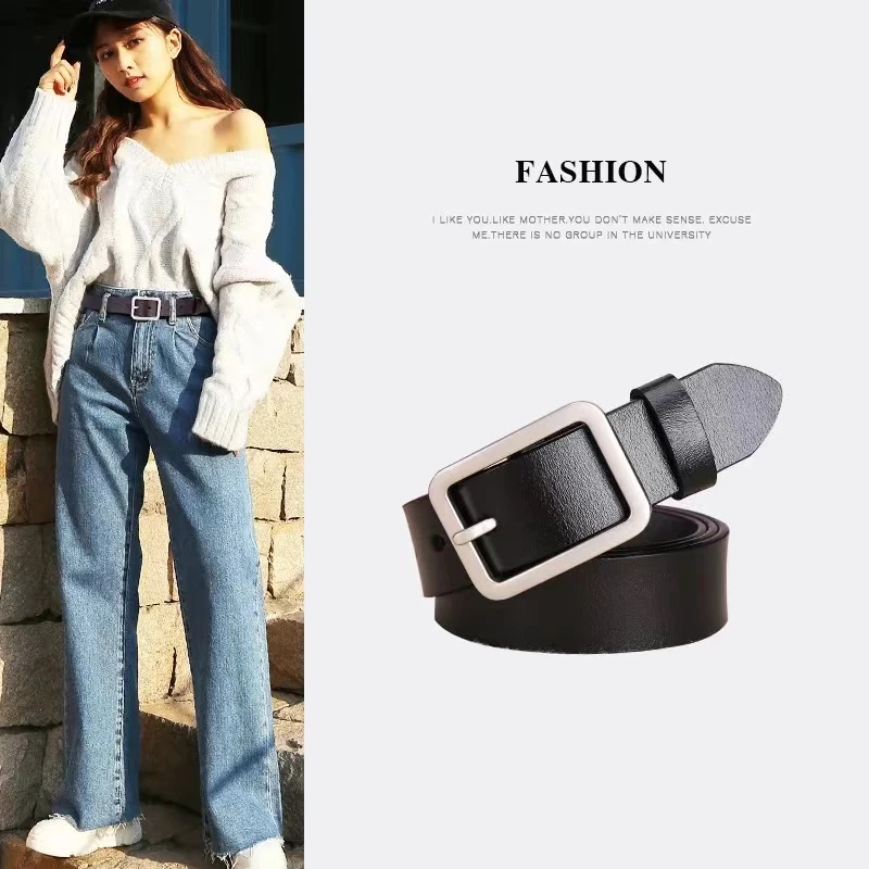 女士牛仔裤真皮皮带女款百搭时尚针扣裤带休闲牛皮黑色休闲裤腰带