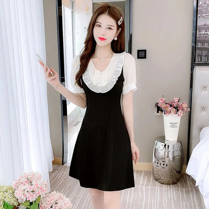 小个子连衣裙夏季2025新款轻奢高级小众法式收腰遮肉假两件A字裙