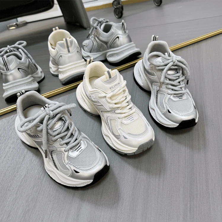爆米花鞋底2024秋季新款透气运动百搭轻便爆款网面休闲老爹鞋