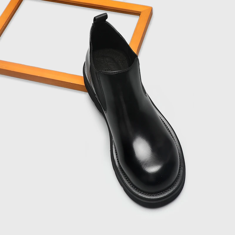 时尚百搭切尔西靴秋冬厚底增高黑色真皮短靴加绒英伦风高帮男鞋