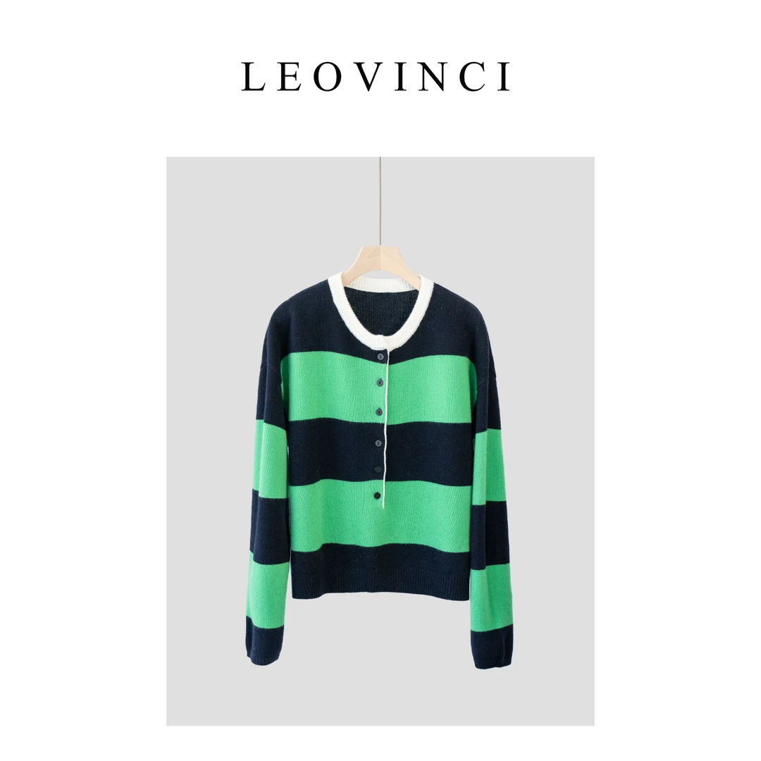 【抹茶奶冻】秋季时尚条纹拼色长袖上衣气质设计师款羊绒衫81-X6335