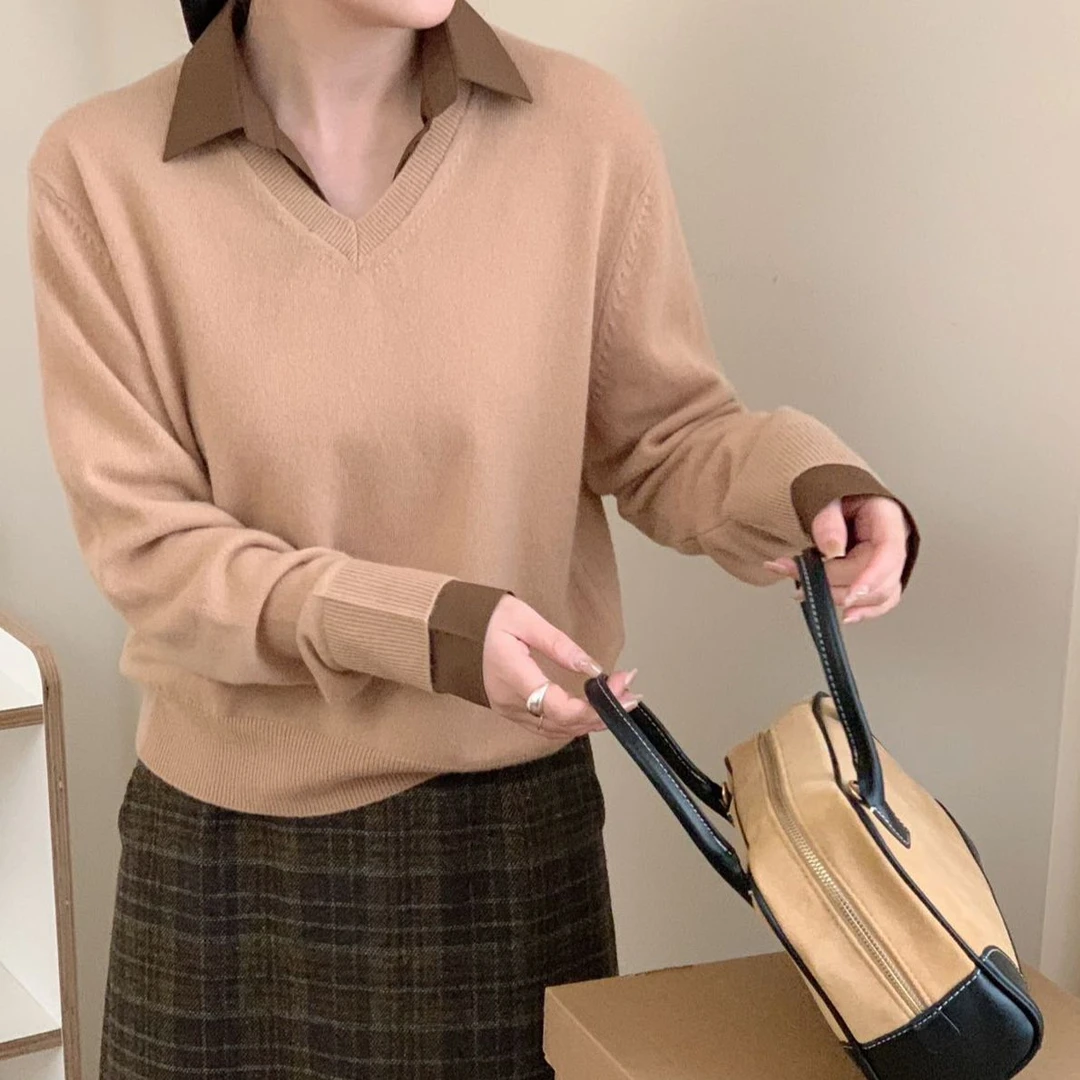 POLO衫领可拆卸 V领假两件羊绒衫 女士显瘦显气质上衣FH-8965