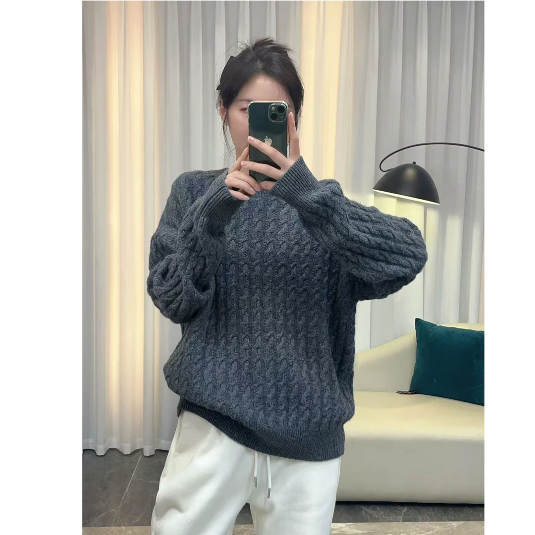 【寄云】100%纯羊绒   立体绞花绞花圆领宽松慵懒感羊绒衫99-7176