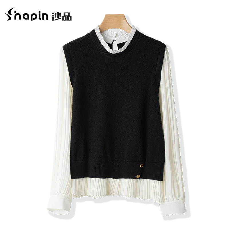 法式复古假两件针织背心衬衫秋冬新款气质拼接上衣女JFY9952