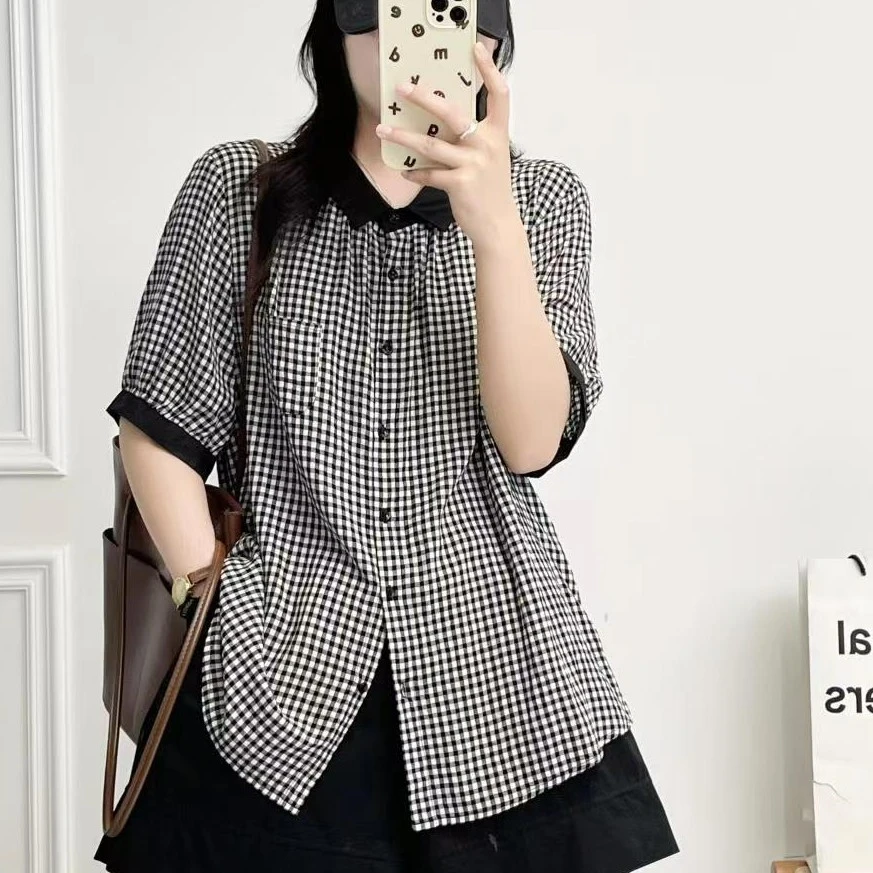25年夏款格子衬衫短袖女宽松休闲小黑领轻薄透气衬衣韩版短袖亲肤