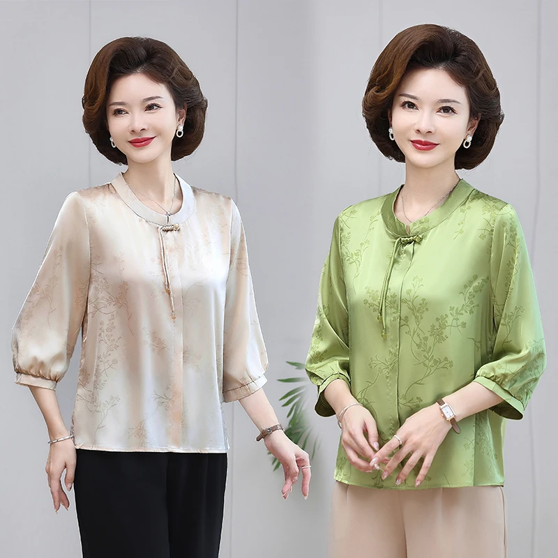 中国风妈妈春装薄款T恤衬衫高贵中老年夏季缎面衫气质减龄上衣服