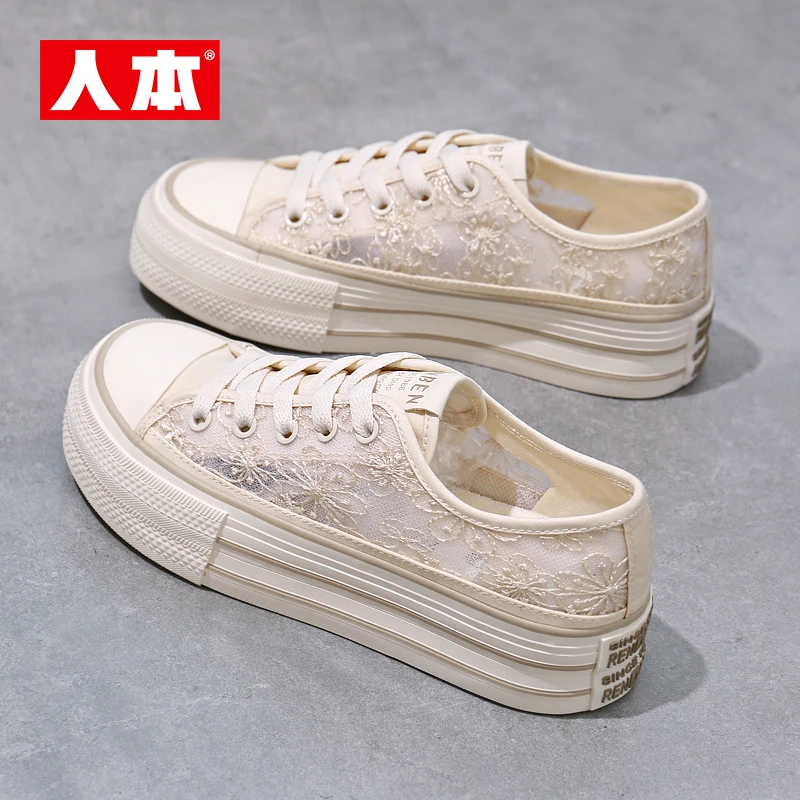 人本蕾丝小白鞋休闲百搭夏季镂空厚底网面小香风时尚薄款帆布鞋