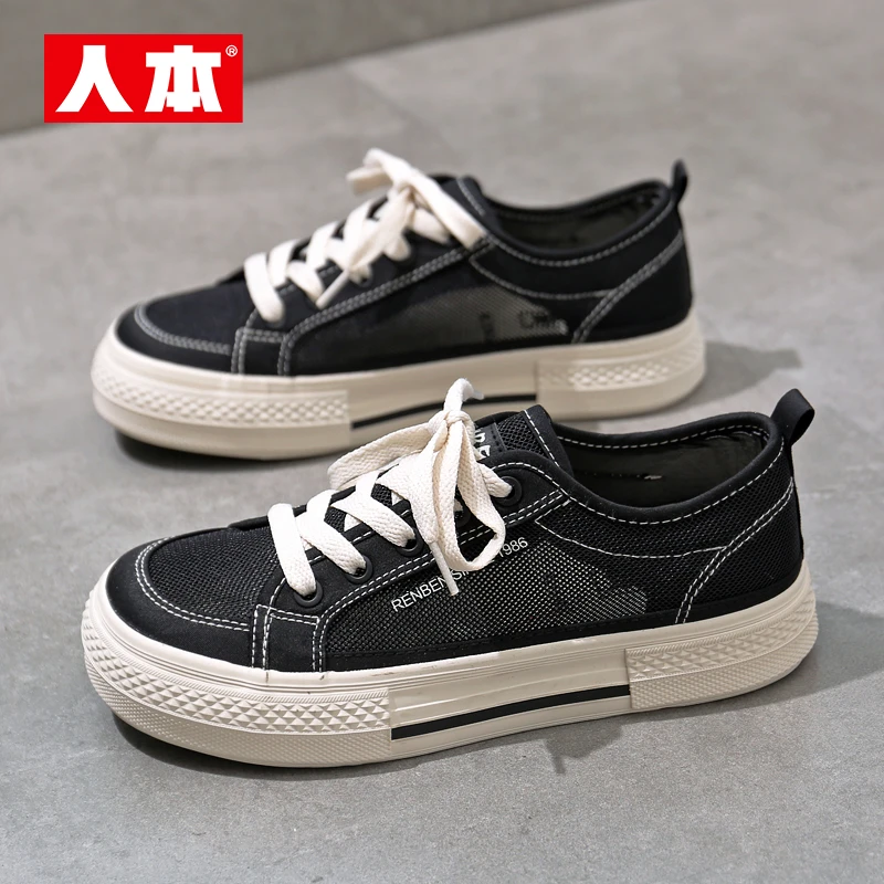 人本鞋子休闲百搭夏季学生薄款网面女鞋网鞋镂空低帮运动帆布鞋