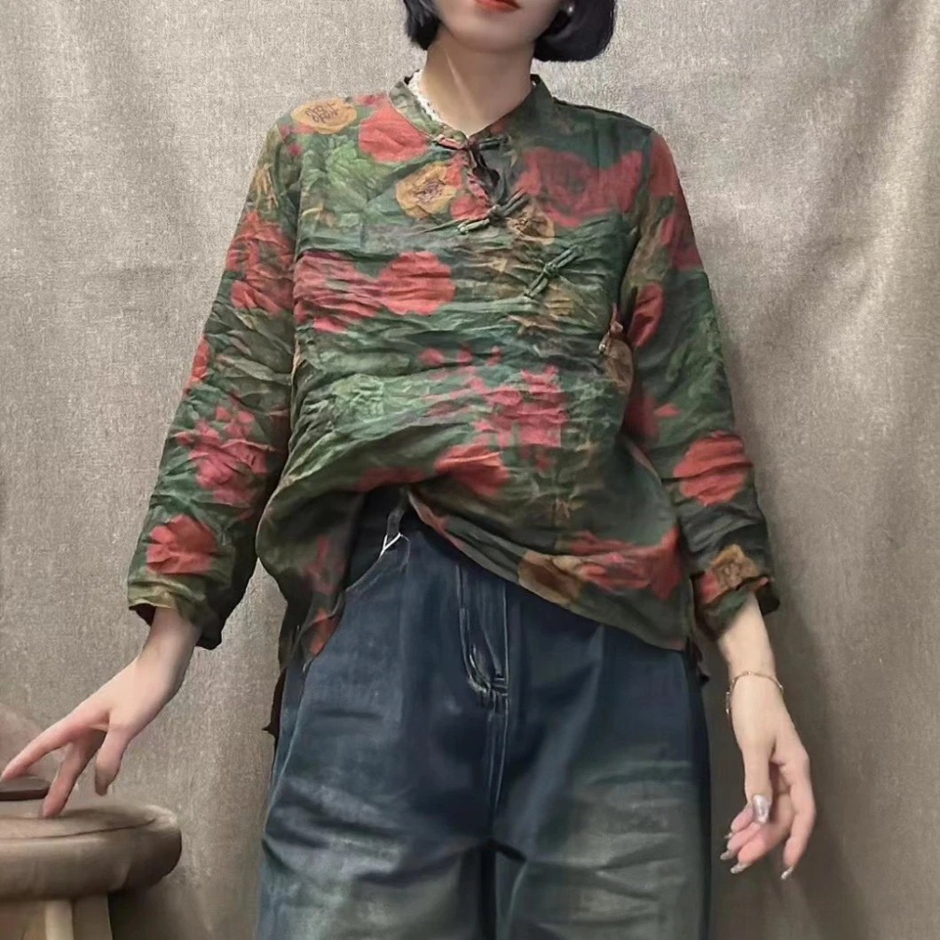 2024早春新款复古风文艺圆领斜襟盘扣印花苎麻衬衫国风女