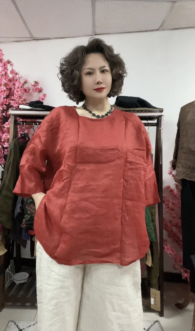 夏季新款2024文艺风圆领套头彩色休闲苎麻衬衫 短袖衬衫女