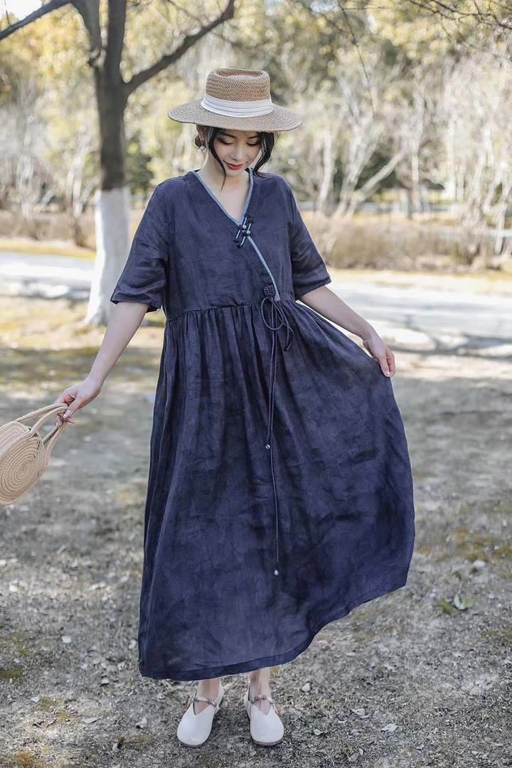 中长款苎麻连衣裙长裙休闲裙子复古文艺