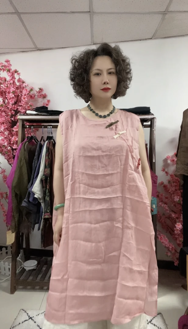 夏季苎麻国风中长彩扣盘扣背心连衣裙侧面开叉设计