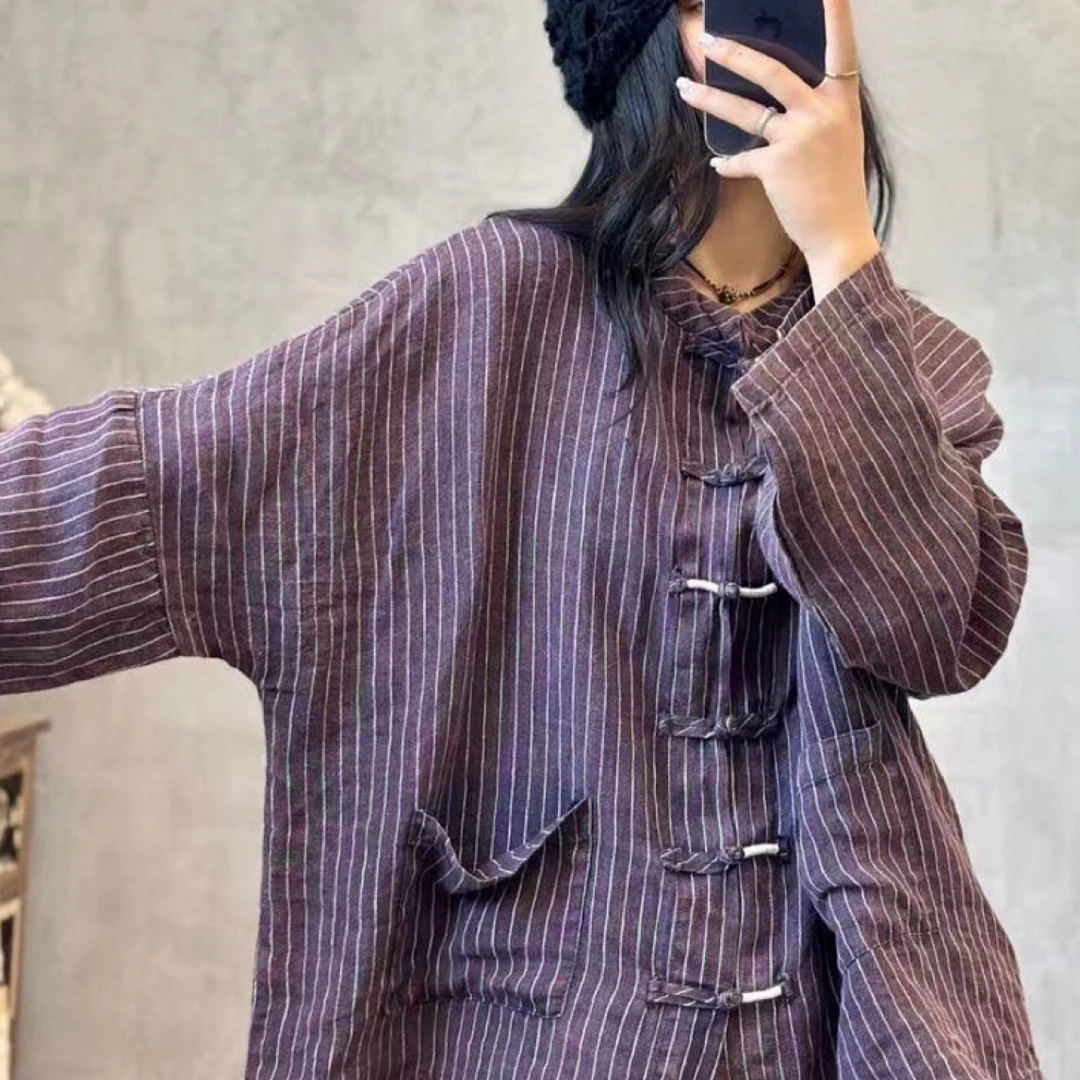 2024新款复古文艺休闲条纹亚麻上衣女