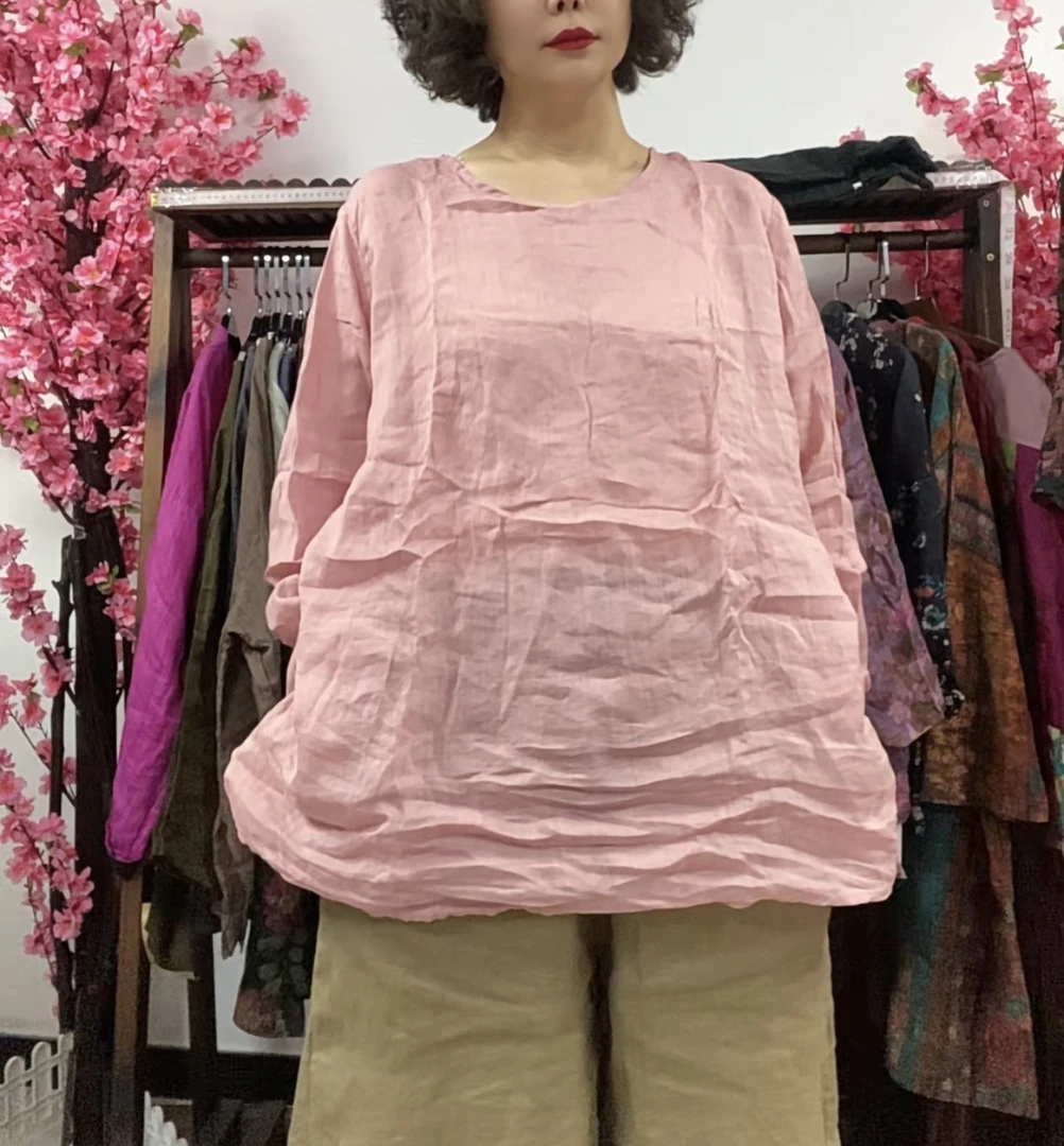 2024早春新款国风文艺v领苎麻衬衫 简约风纯色长袖显瘦