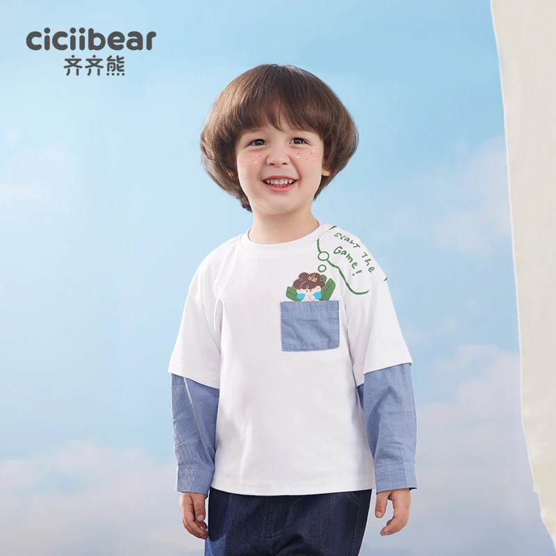 男童T恤假两件牛仔拼接长袖上衣打底衫春秋款Q101716