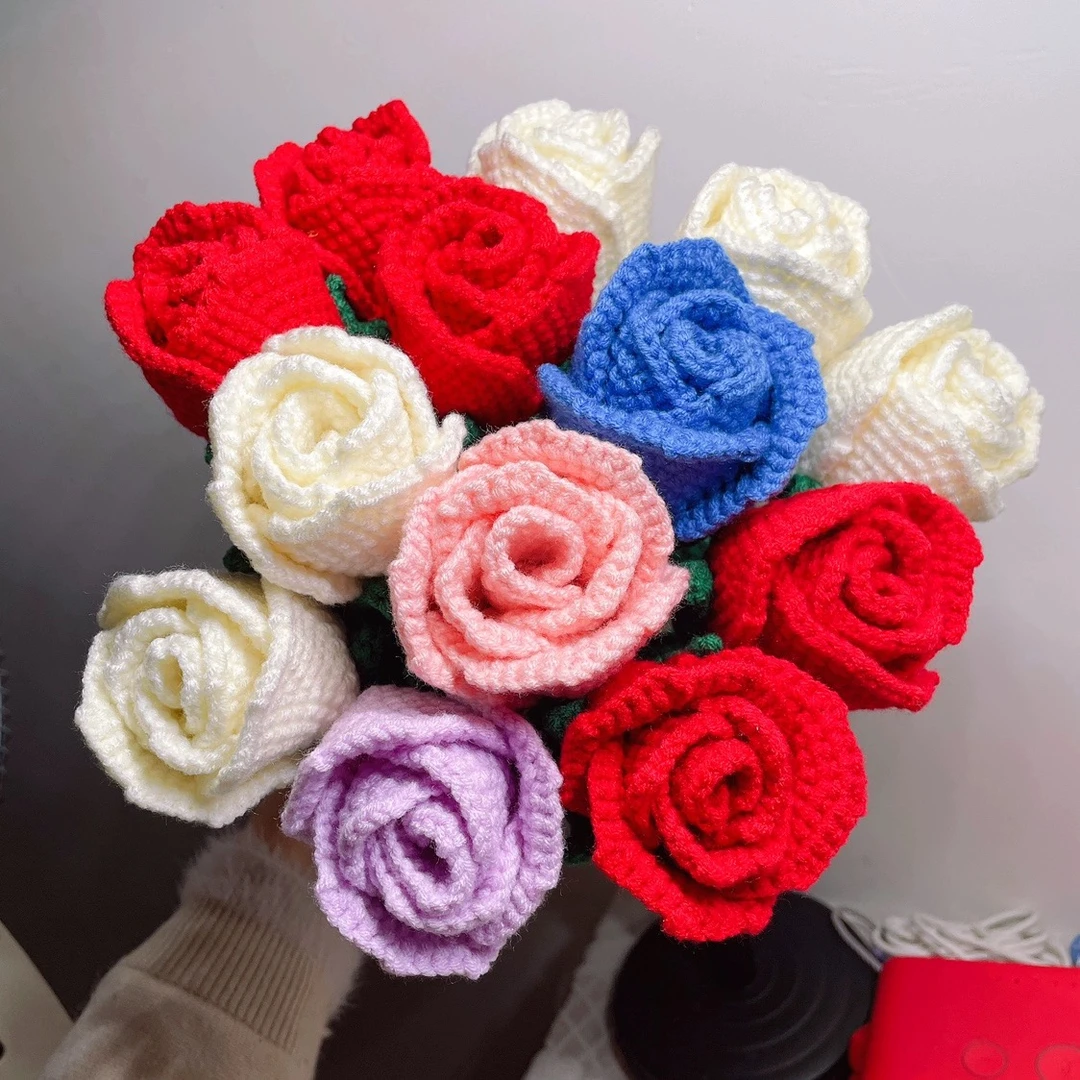 成品毛线编织酒杯玫瑰花 创意手工DIY仿真永生花 7片花瓣节日玫瑰