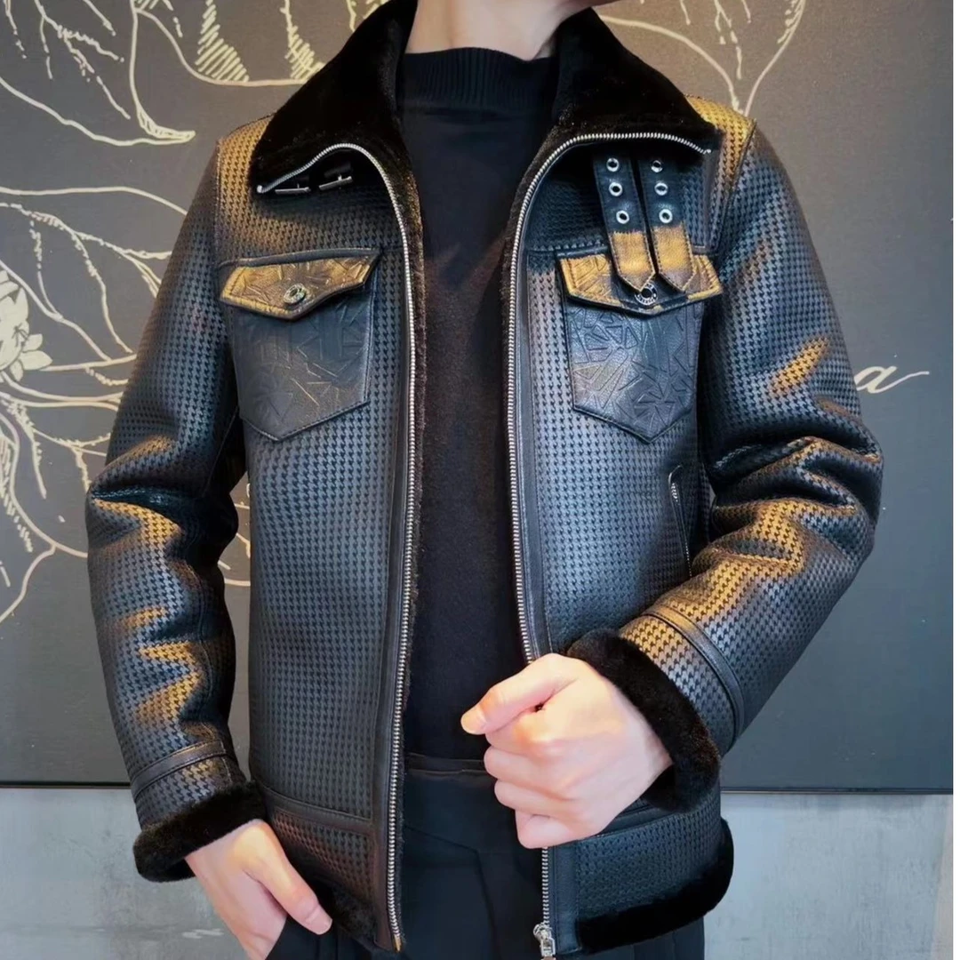 【致尊甄选】海宁秋冬款时尚休闲真羊毛一体式立翻领男装夹克外套