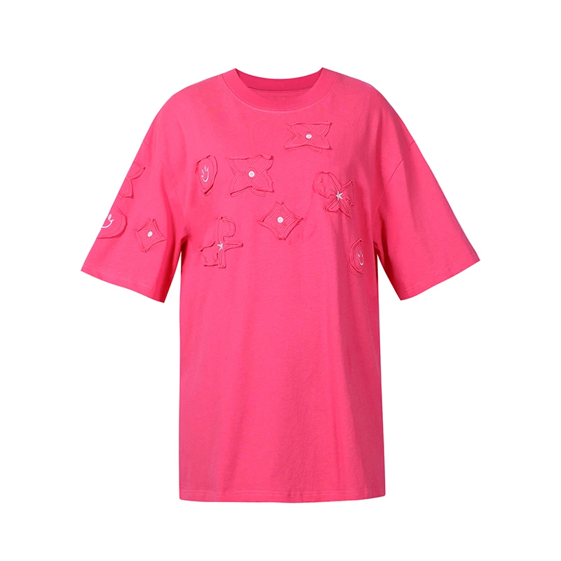 OYINEAR原创设计2024年夏季新款女士纯棉宽松圆领绣花百搭T恤衫