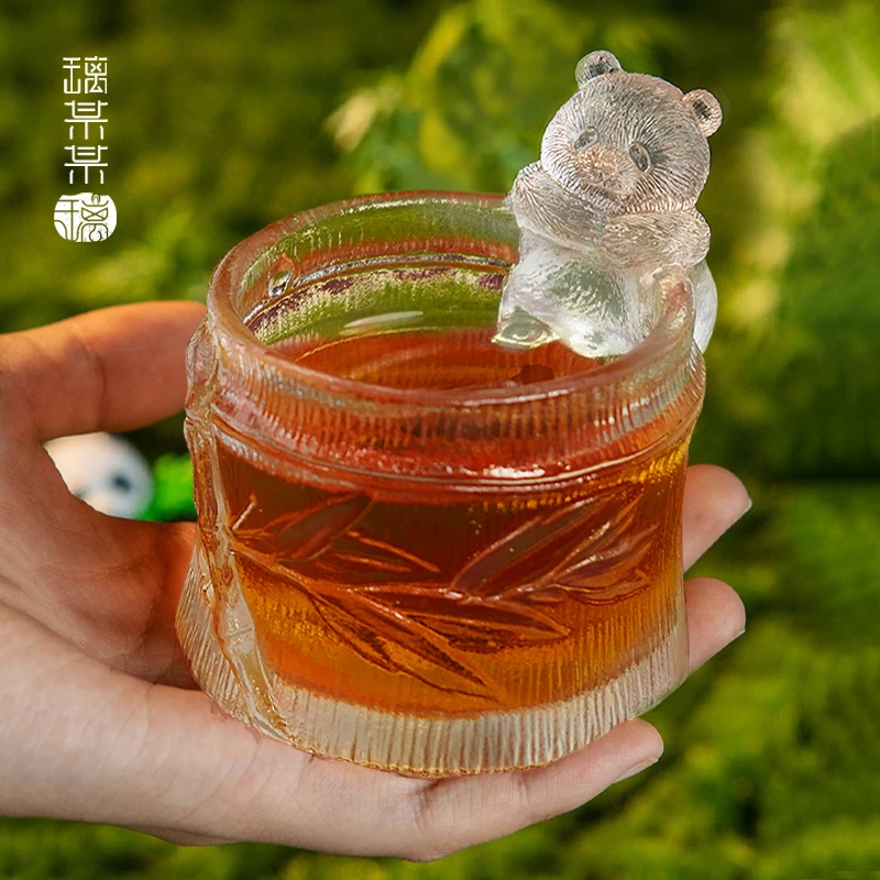 璃某某手工茶杯网红大熊猫萌兰花花无铅透明水晶手工杯耐热个性