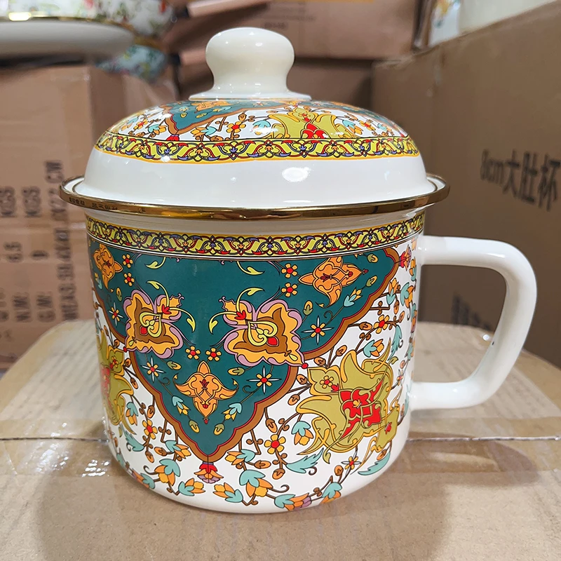 16cm奶杯俄罗斯花特厚搪瓷杯喝水杯可爱呆萌胖杯茶杯口杯奶牛杯子