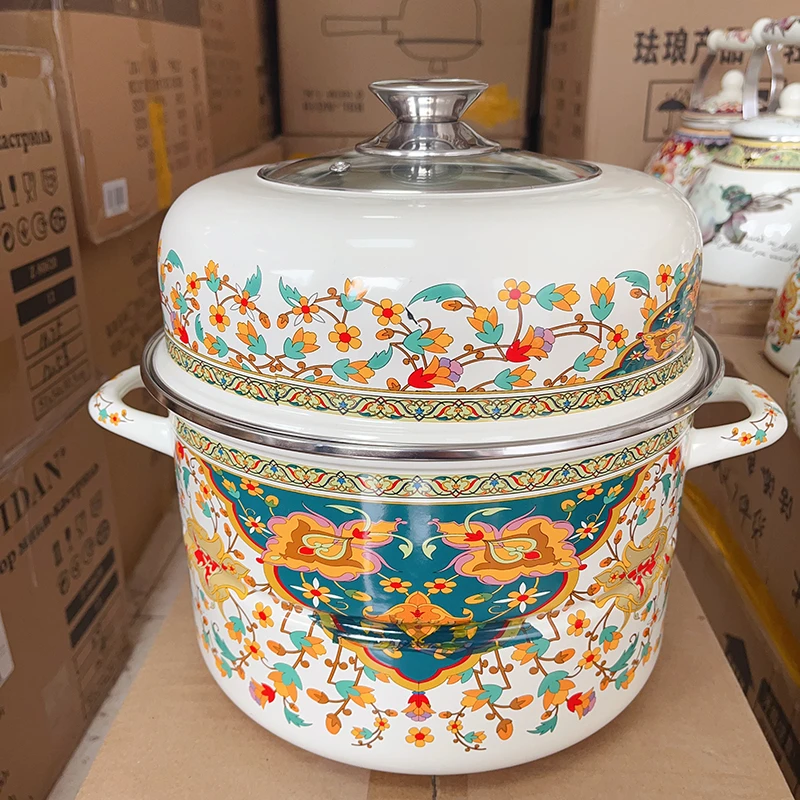 【MY】28厘米俄罗斯花蒸锅珐琅搪瓷双层复底大容量加厚双料炖汤锅