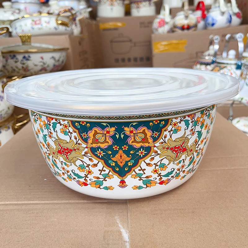 28cm和面盆俄罗斯花高档珐琅搪瓷盆食品级汤盆大号家用高级感带盖