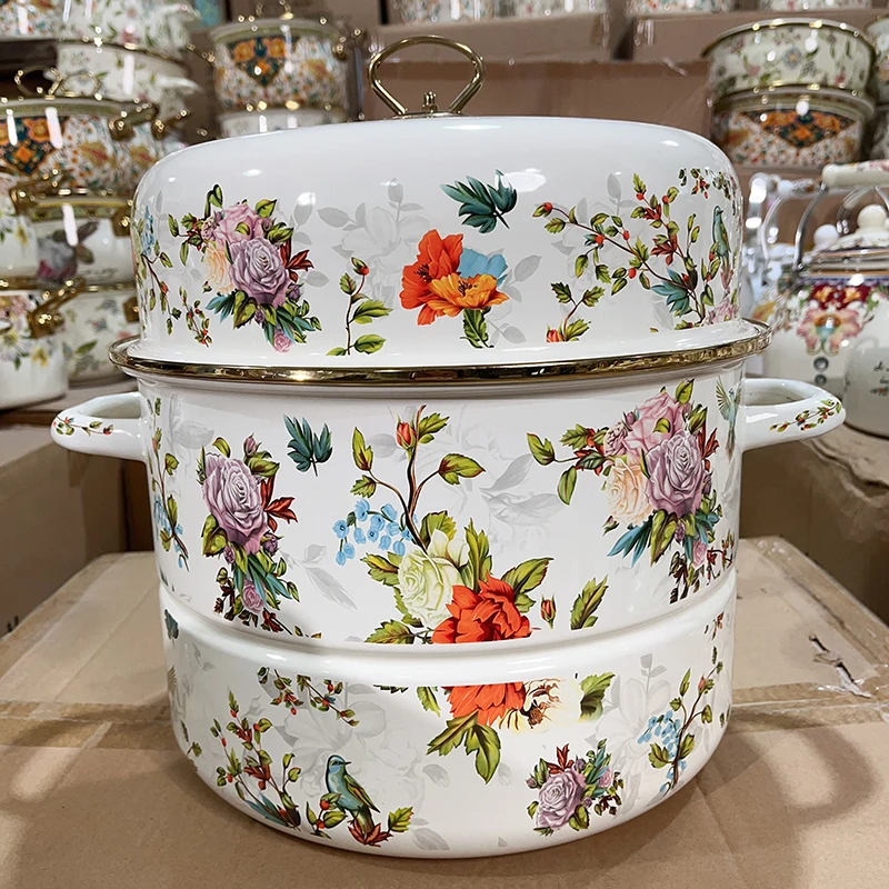 32cm蒸锅花鸟珐琅搪瓷双层油炸锅大炖锅搪瓷炖汤锅珐琅瓷锅