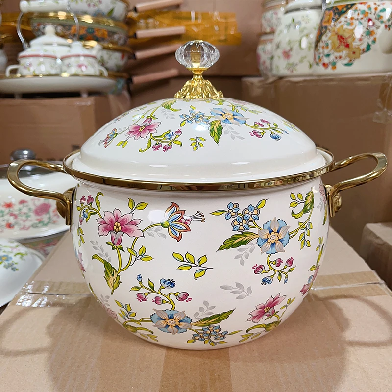 20cm【紫荆花】搪瓷珐琅苹果锅汤锅搪瓷盖水晶盖珠电磁炉明火通用