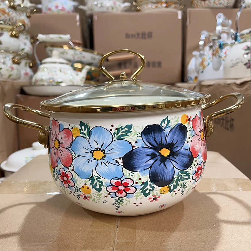 20cm汤锅千娇百媚搪瓷珐琅搪瓷汤锅双耳加厚炖锅煮食平底锅电磁炉