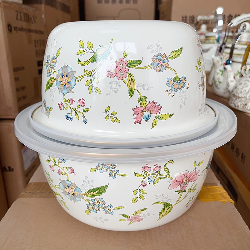24+28cm洗菜盆紫金花高端和面盆不沾带搪瓷盖醒面发面不用