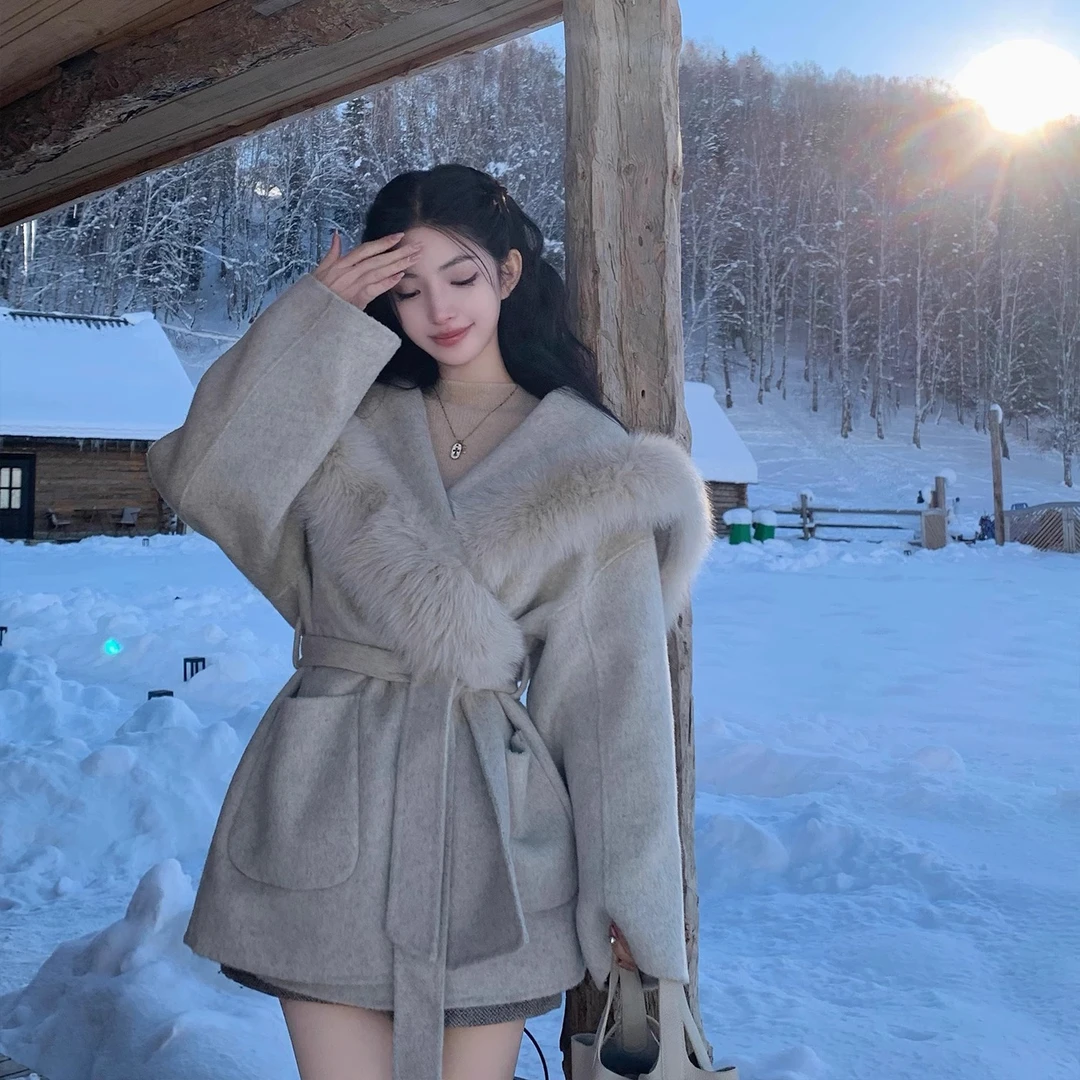 “雪山大衣”丝羊毛驼绒牦牛绒双面呢+狐狸大毛领 海军领大衣外套