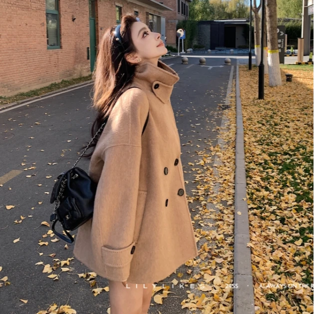 "留学生大衣"奢级质感兔毛真丝绵羊毛黃金比例气质双排扣大衣