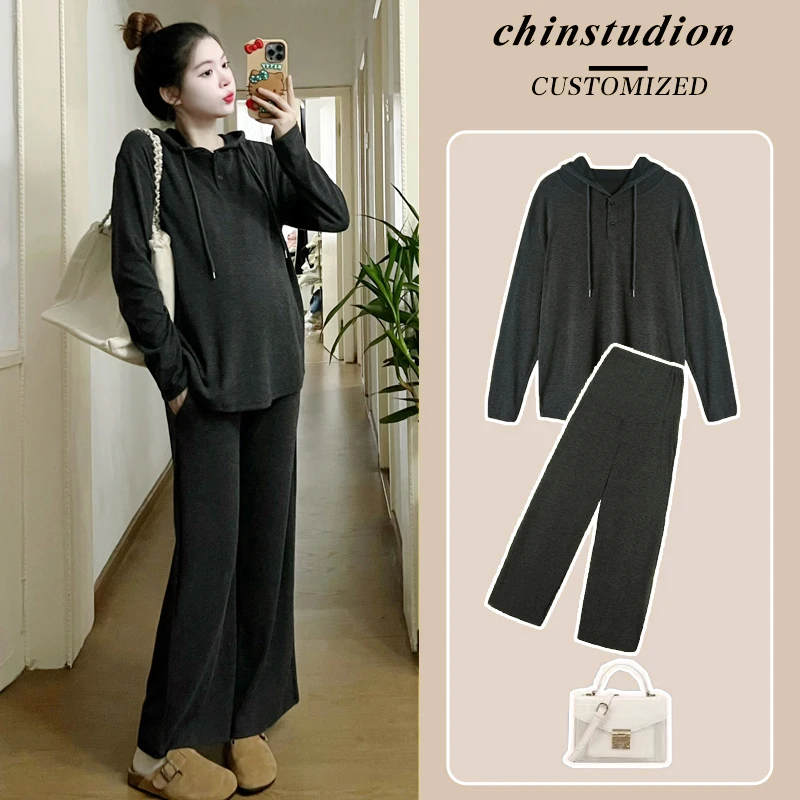 孕妇装秋装套装时尚款孕妇上衣中长款秋款宽松长袖两件套