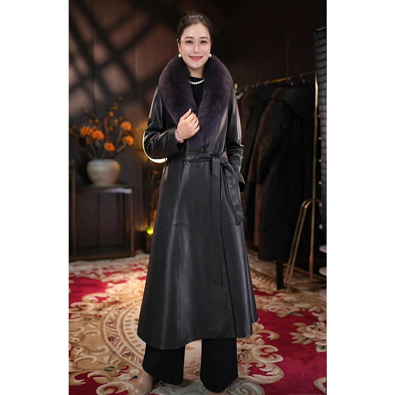 真皮风衣可脱卸鹅绒内胆女长款大狐狸毛领绵羊皮皮衣羽绒服外套
