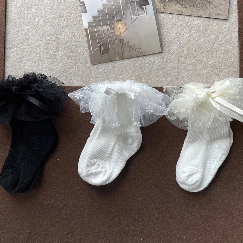 女童袜子早秋新品童袜软软花边樱花雨蝴蝶结宝宝短袜1可爱堆