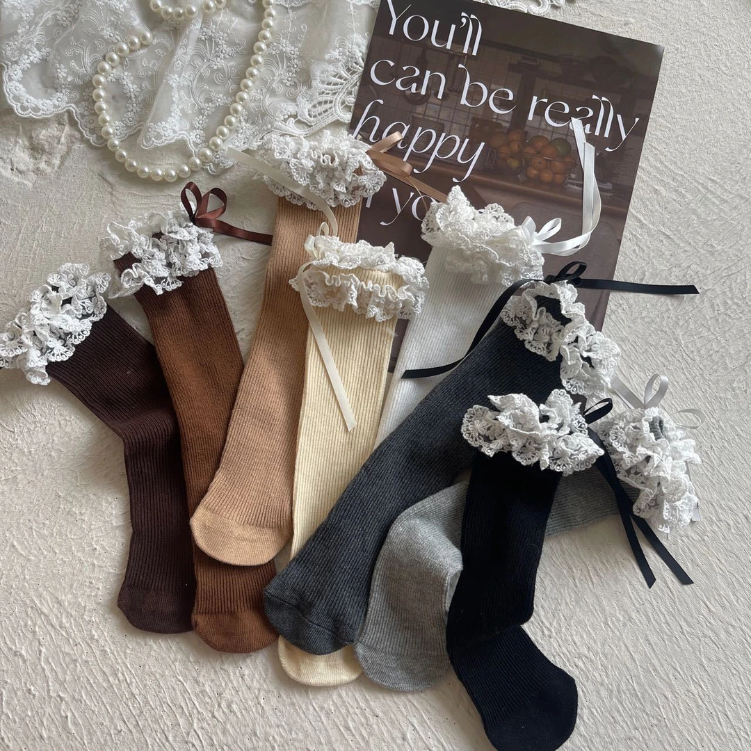 女童袜子早秋新款韩版双层花中花蝴蝶结长丝带公主袜1堆堆中筒袜