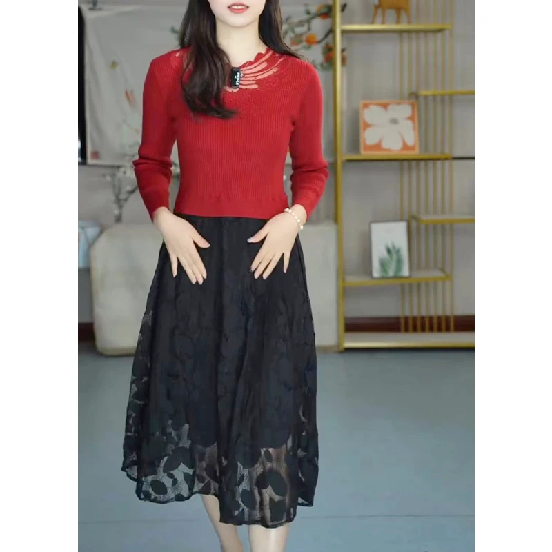 软针织连衣裙高弹显瘦秋冬长袖气质百搭外穿大地蕾丝假两件拼接裙