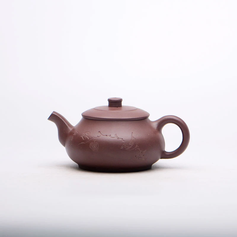 紫泥  大口扁潘壶 刻绘花鸟 原矿S54 1223 31