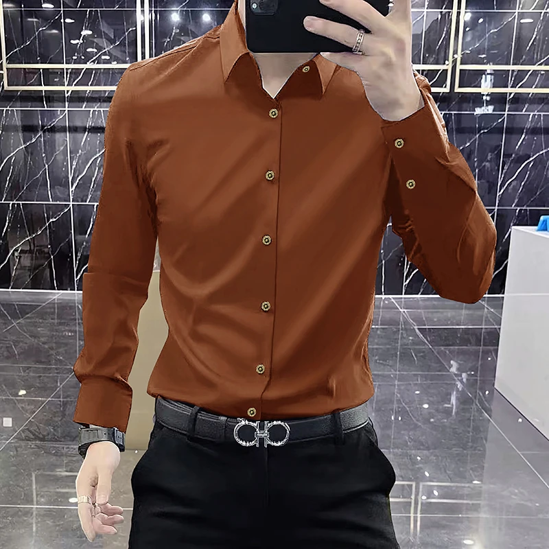 高端商务衬衫男士长袖休闲百搭修身高级感弹力冰丝无痕衬衣男装潮